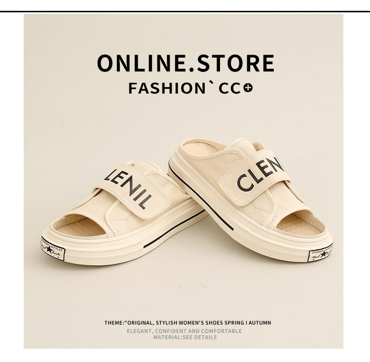 Canvas Slippers For Women Summer Flat Sandals With Velcro Strap_voghion.com