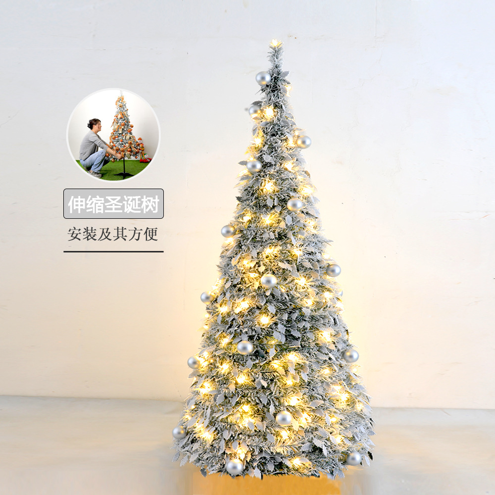 Decoración navideña blanco nieve retráctil árbol de Navidad paquete casa pagoda plegable redondo piso árbol transfronterizo