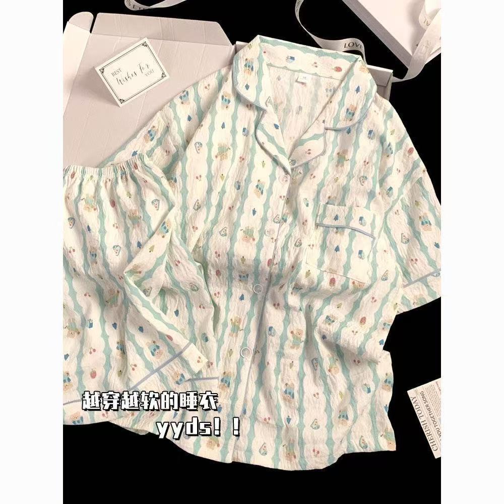 Niña linda solapa pijama de gasa mujer verano oso algodón y lino pantalones cortos de manga corta camisón traje de servicio a domicilio simple image 17