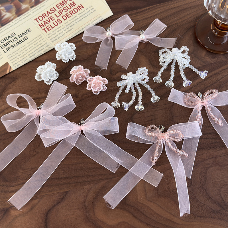 Ins Style Detachable Pink Ribbon Bow Crystal Beaded Shoe Buckle Shoe Flower Ballet Style Decorative Buckle Sneakers_voghion.com