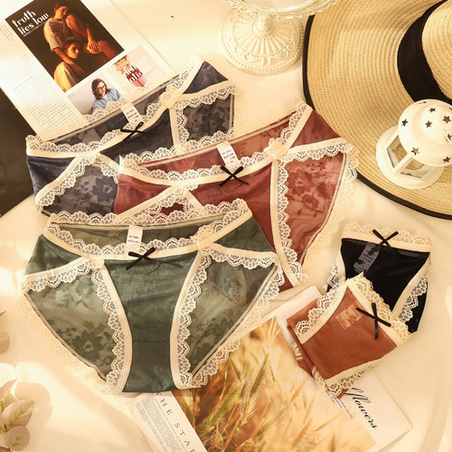 [Individual wear] Sexy and interesting lace hollow mesh panties women's mid-waist pure cotton bottom crotch girls' briefs