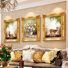 客厅装饰画欧式挂画沙发背景墙画动物油画麋鹿画三联大气高档画