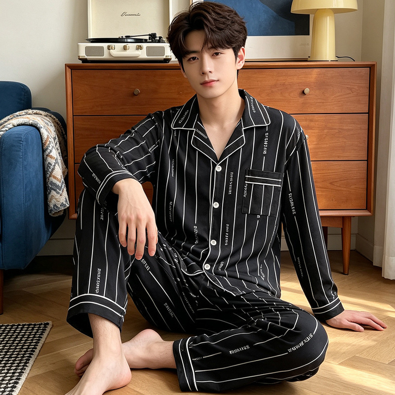 Striped design men's pajamas, new spring and autumn long-sleeve long-pants imitation cotton set, youth home wear wholesale