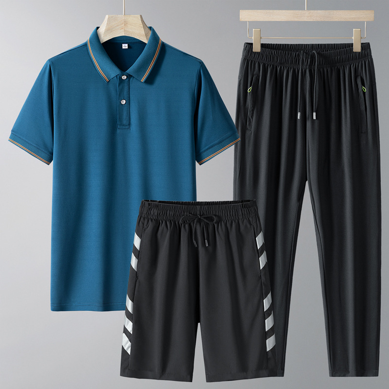 Set de manga corta de mediana edad para hombre verano papá pantalones cortos de hielo con solapa polo casual de tres piezas pantalones secos rápidos