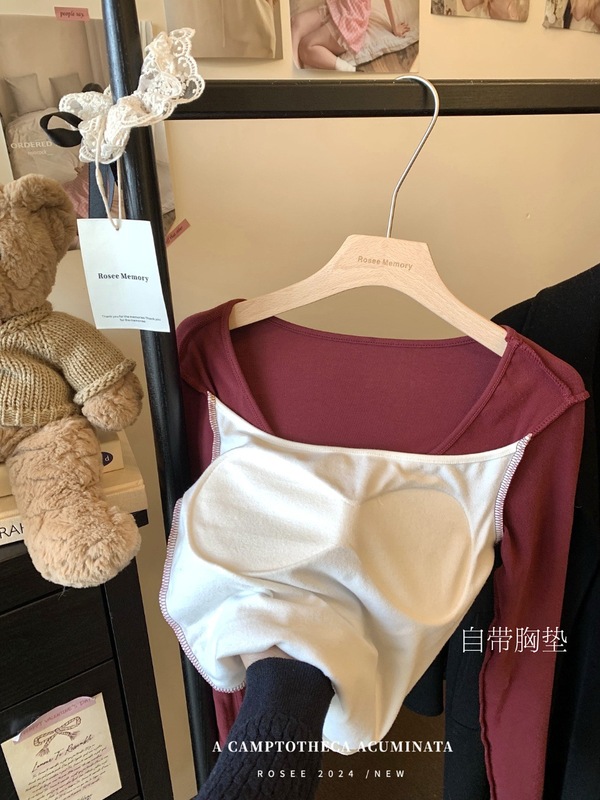 秋冬8818韩系撞色假两件长袖打底衫自带胸垫修身显瘦百搭打底上衣|undefined