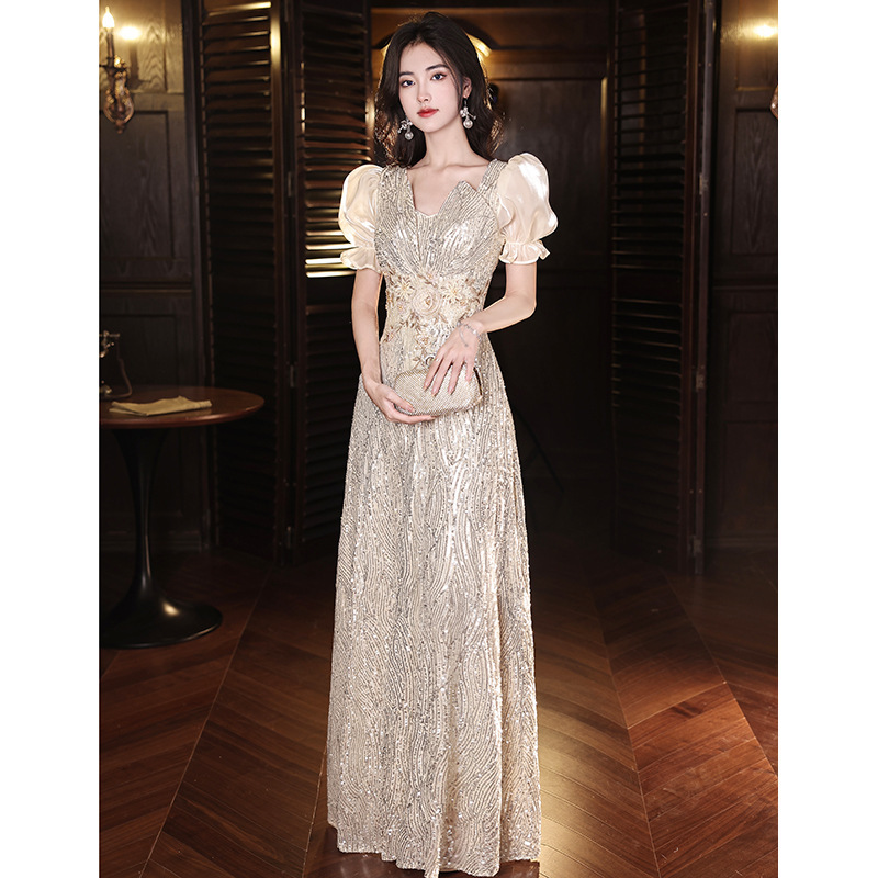 Vestido de noche de lentejuelas para mujer, vestido largo estilo francés para anfitriona, banquete, fiesta, ropa de noche, reunión anual de la empresa.