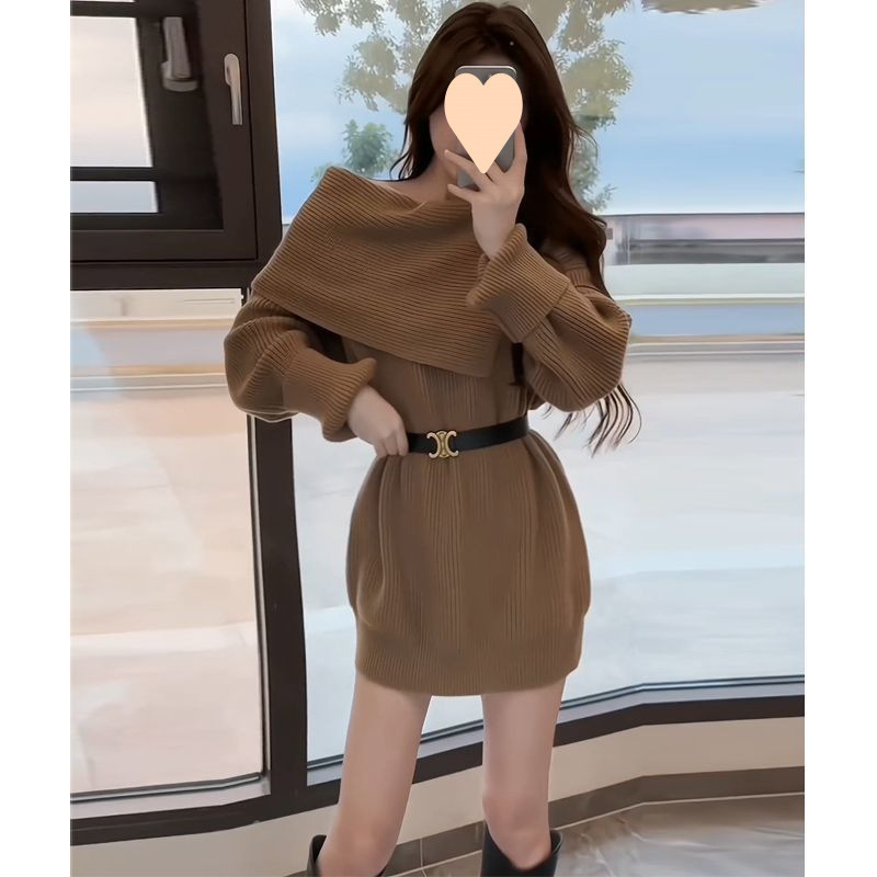 法式高级感气质名媛打底毛衣裙女秋季新款小个子露肩针织连衣裙|undefined