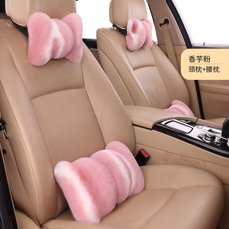 Cross-Border Wholesale Car Headrest Pillow, Solid Color, Cute and Fashionable, Women's Winter Warm Rabbit Fur Neck Pillow, Backrest Pillow