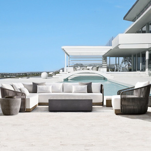 Outdoor Rattan Sofa Courtyard Anti-Corrosion Wood Designer Villa Hotel Outdoor Teak Rattan Leisure Sofa Combination