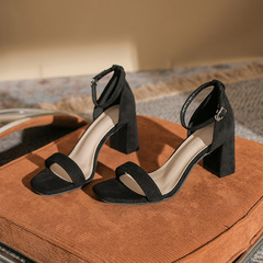 0751 Summer thick-heeled high-heeled shoes, versatile Korean suede open-toe strap sandals for women 2024 new women's shoes
