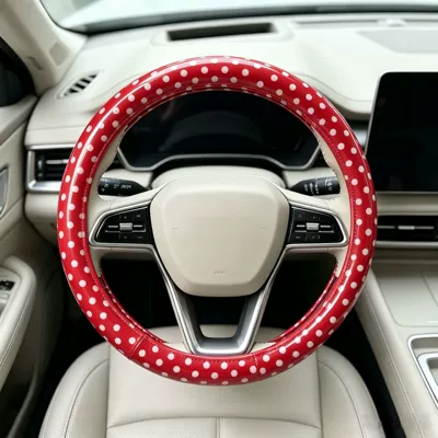 Fashion Steering Wheel Cover, Steering wheel cover - pu-leather-pink-bottom-white-polka-dots-universal-style-38cm