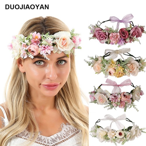 2pcs stage performance flower wreath hair clip for women girls creative manual cloth art big rose flower hair hoop wreath seaside holiday photos headdress