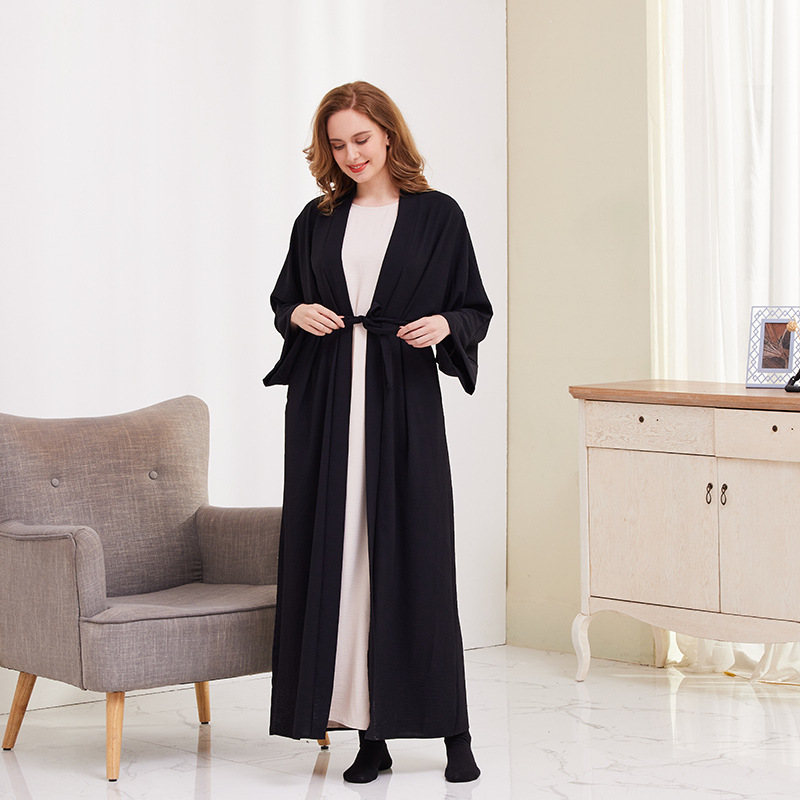 Muslim Cardigan Robe For Women Solid Colour Tie-up Dubai Style_voghion.com