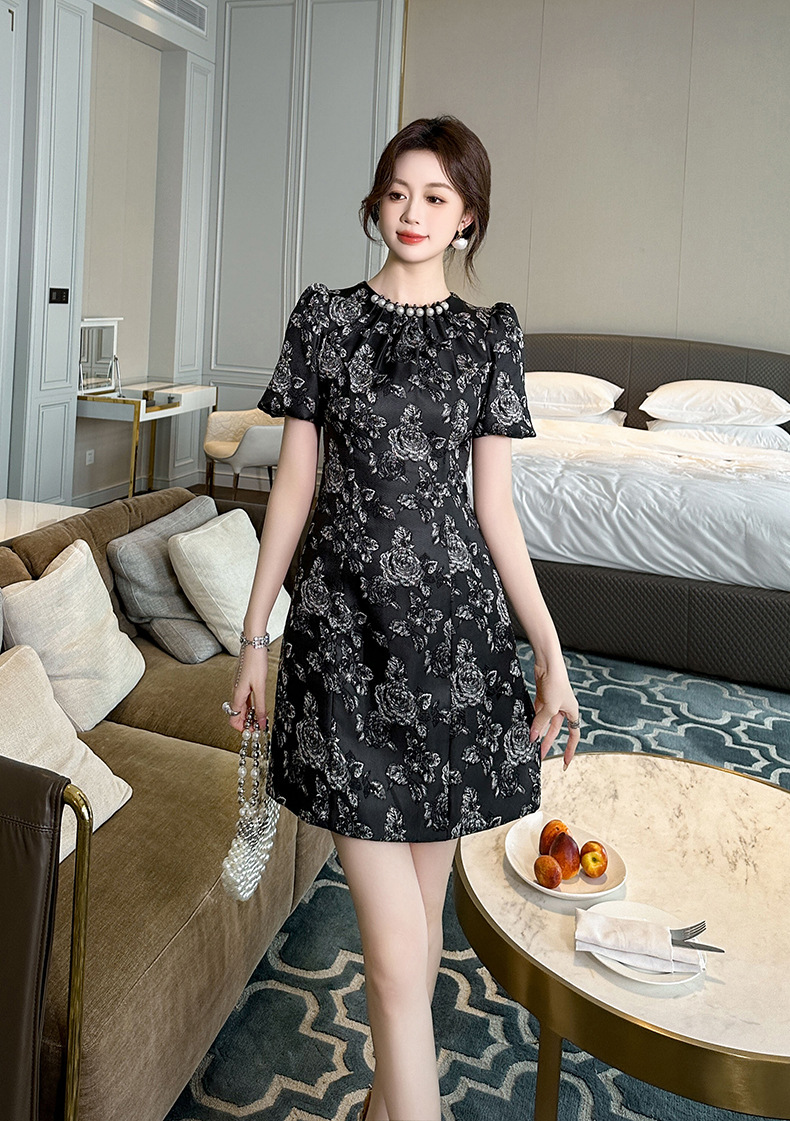 Đầm chữ A thắt eo họa tiết cổ điển phong cách Pháp — Màu đen chi tiết 7