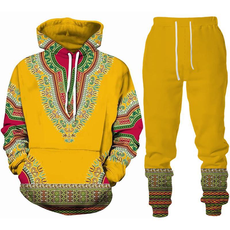 Estilo étnico colorido color de contraste 3d HD estampado suéter con capucha pantalones con cordón MC11-ML1 de dos piezas