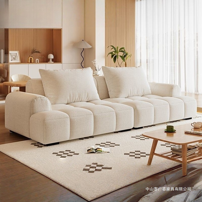 French Internet Celebrity Sofa Cat Scratch Leather Sofa Cream Style Living Room Sofa Chenille Cotton and Linen Puff Fabric Sofa