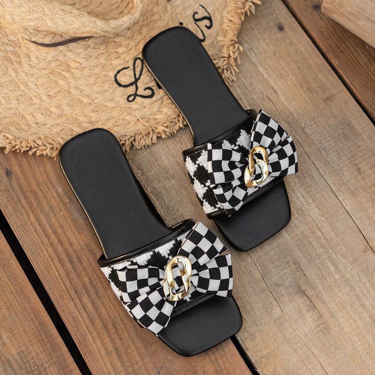 Women's Casual Vacation Plaid Bowknot Square Toe Slides Slippers display picture 6