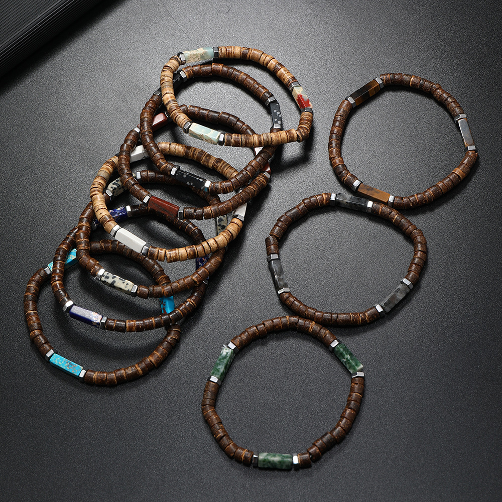 2024 nueva piedra natural transfronteriza de madera de café cuentas pulseras europeas y americanas retro joyas de estilo nepalí para hombres