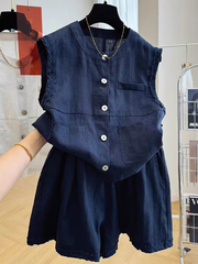 女性のための夏服の完全なセット 2025 夏ルーズノースリーブベストシャツトップワイドレッグショーツリネン 2 点セット