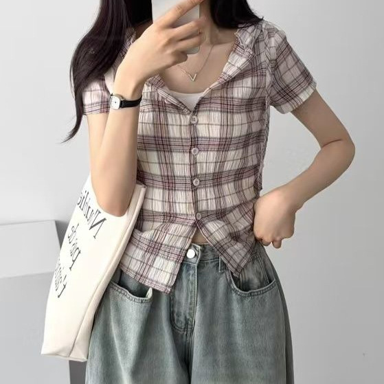 韓国シックなサイド巾着レトロチェック柄フード付き半袖シャツ女性用|undefined