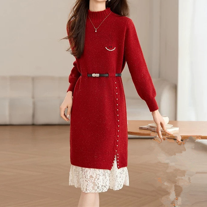 Abito in maglia elegante con pizzo e perline a maniche lunghe_voghion.com