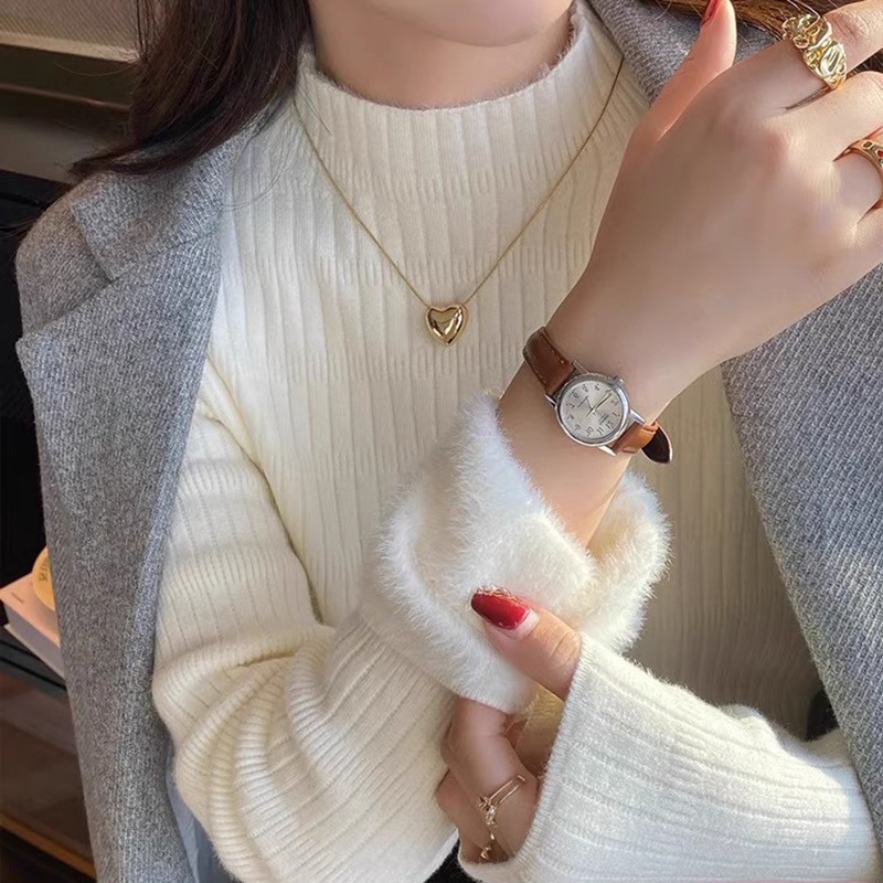 秋冬加绒毛衣女打底衫半高领加厚保暖内搭一体水貂绒针织白色上衣