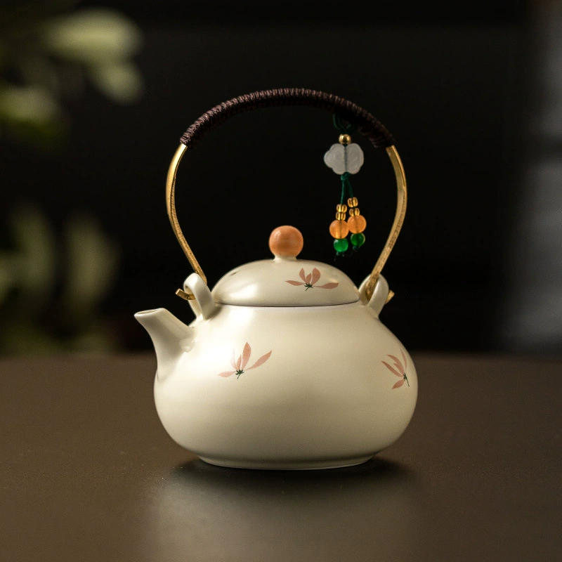 Ceramic Teapot, Orchid Pattern, 132 ml, Beige-Pink Gift Option