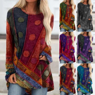 European and American Women's Clothing Independent Website 2023 Autumn and Winter Ethnic Style Retro Loose Long-Sleeved Plus-Size Fashion T-Shirt with Patchwork Design