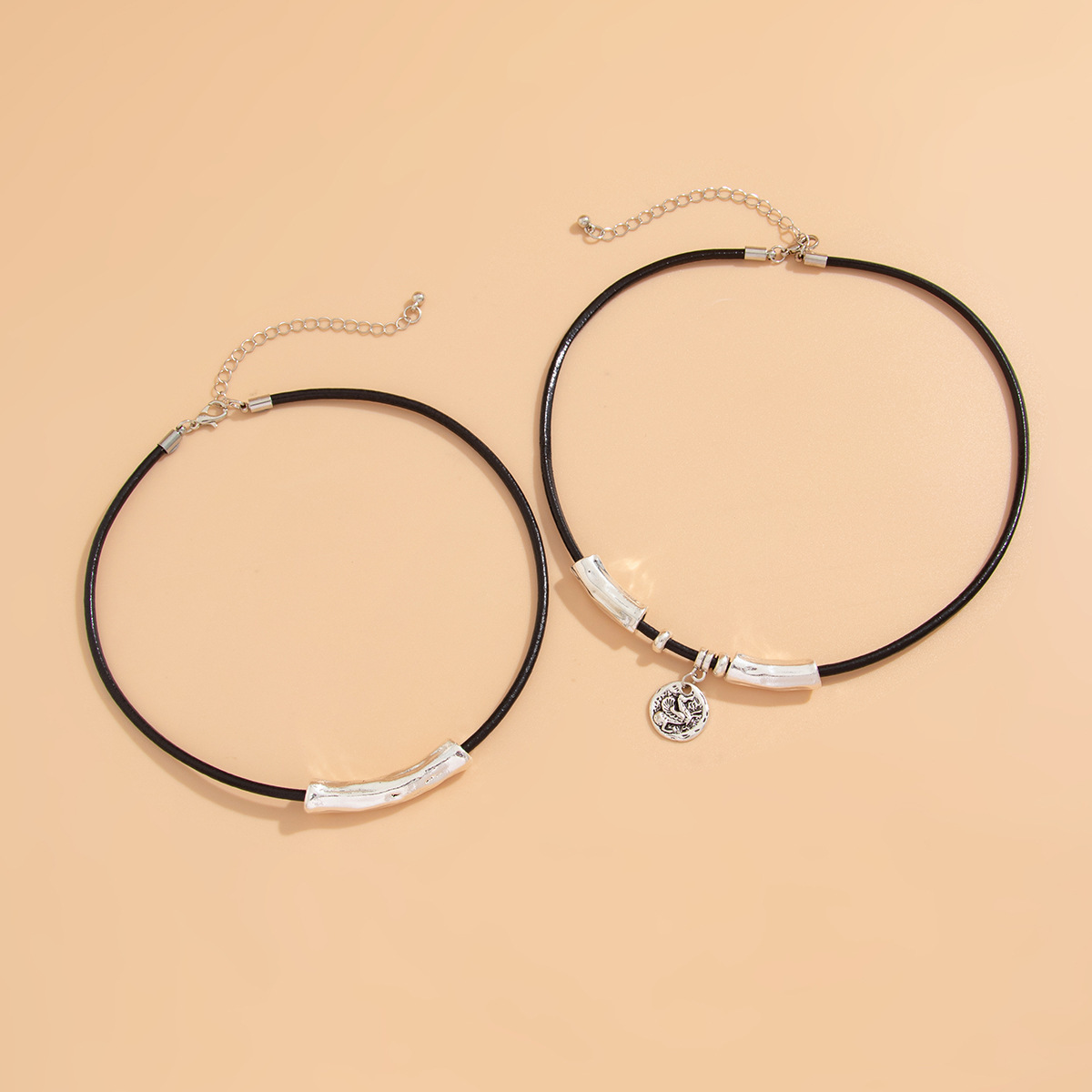 Cylinder Leather Wax Wire Necklace Set Hip Hop Alloy Multilayer Clavicle Chain_voghion.com