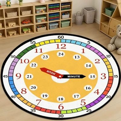 reading area mat, letter cartoon, Avtomobil döşəmə paspasları - kindergarten-early-education-round-clock-carpet-03-diameter-1m-crystal-velvet