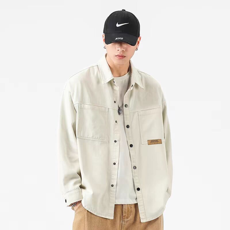 American-style Heavy creamy-white Tooling Shirt Men's Spring and Autumn fleece-lined Loose Casual Top Trendy Brand Long-sleeved Shirt for Men