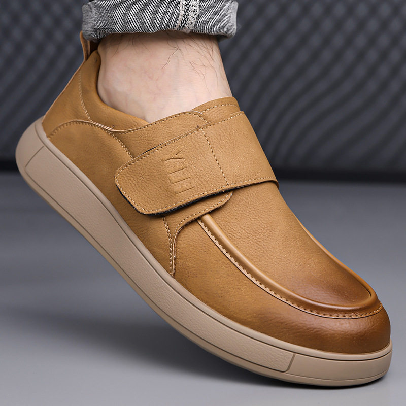 Giày lười nam da PU kiểu retro, quai dán Velcro, form rộng thoải mái, đế cao su êm chân — Màu đen, màu vàng