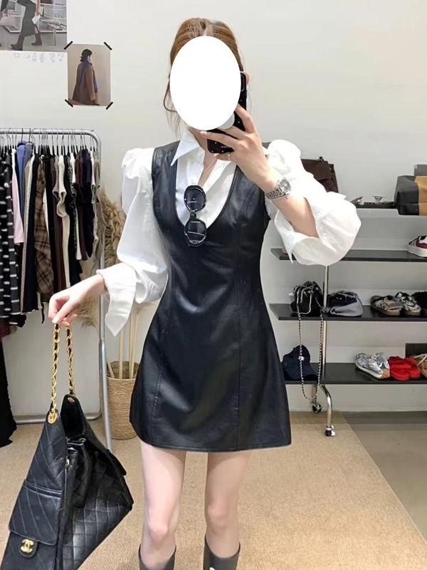 套装女2025秋新款法式气质设计感长袖衬衫收腰显瘦背心皮裙连衣裙|undefined