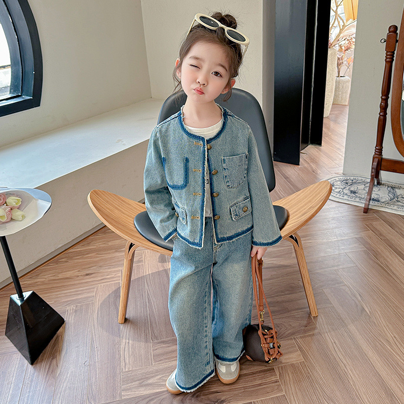 韩系童装女童牛仔套装春装新款儿童洋气开衫上衣宽松直筒裤两件套