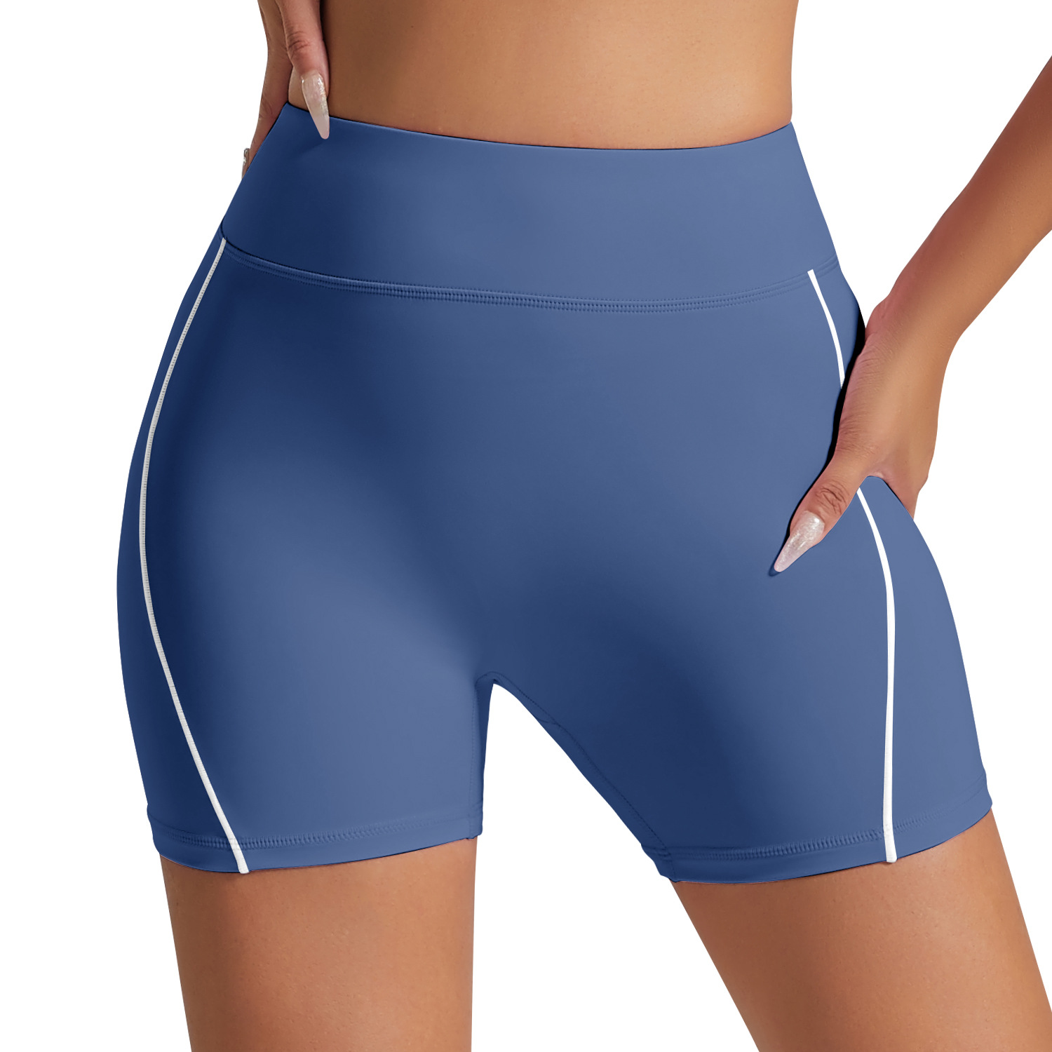 Pantalones cortos deportivos de color de contraste europeo y americano sin línea de vergüenza Cintura alta, ajustados desnudos, pantalones de yoga de fitness de cadera de melocotón, pantalones de tres puntos