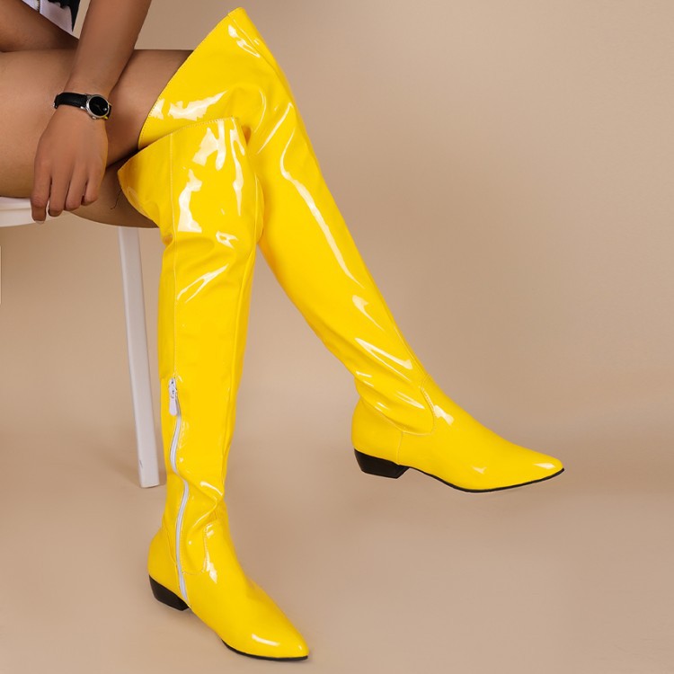 Stivali sopra il ginocchio da donna autunno e inverno con cerniera laterale in vernice color caramella con tacco basso, stivali alti fino al ginocchio W389_voghion.com