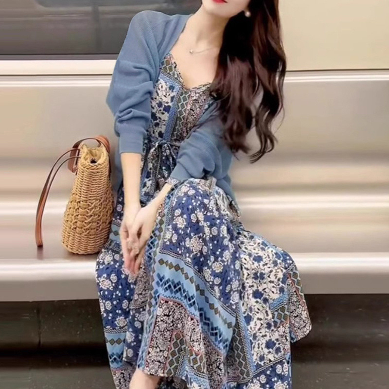 【两件套】高级感好看法式绝美蓝色开衫碎花吊带显瘦连衣裙套装|undefined