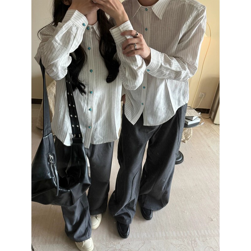 Turquoise textured long-sleeve shirt for men and women, spring and autumn, American-style pleated old money style cleanfit shirt jacket, trendy Turquoise textured long-sleeve shirt for men and women, spring and autumn, American-style pleated old money style cleanfit shirt jacket, trendy