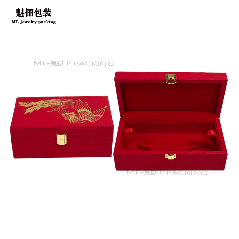 现货枣红色PU皮木质凤钗盒 结婚发簪首饰木盒 婚庆黄金首饰盒logo