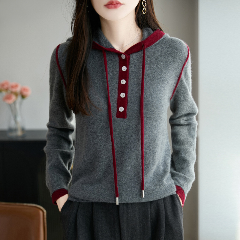 2025 New Autumn and Winter Pure Wool Hooded Knitwear Long-Sleeved Women's Color-Blocked Warm Pullover Bottoming Shirt Top 2025 New Autumn and Winter Pure Wool Hooded Knitwear Long-Sleeved Women's Color-Blocked Warm Pullover Bottoming Shirt Top
