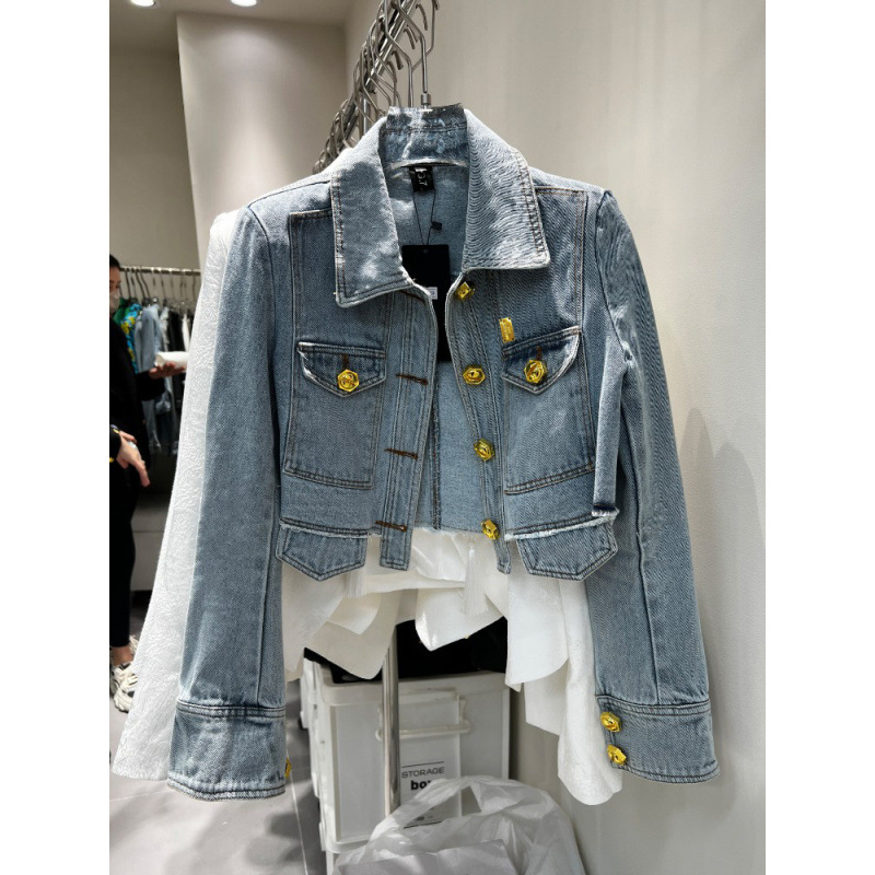 2025 Spring Fashion: European-style Personalized Short Denim Jacket with Gold Buckle, Women's Slim-fit, Chic Denim Top with Collar