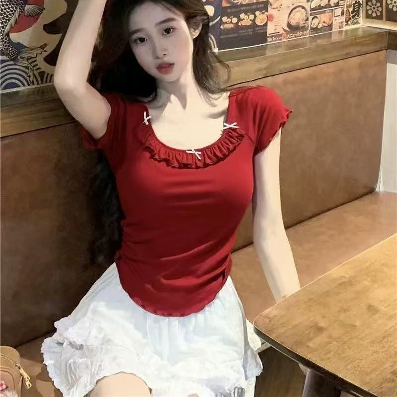 Дизайн с бантиком чистый ветер с короткими рукавами футболка женская с нагрудным ковриком