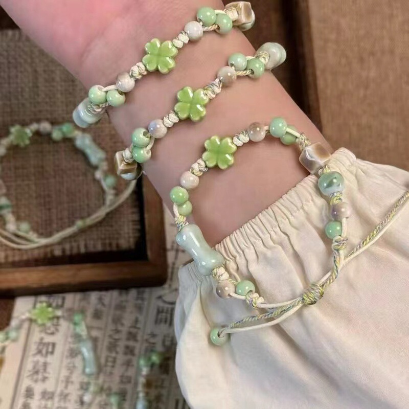 Ceramic Spring Raft Four-Leaf Clover Bracelet Women's Fashion Ins Sweet Braided Bestie Bracelet Couple Student Gift