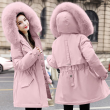 冬装加绒中长款派克服女2021新款韩版大码收腰显瘦大毛领加厚棉衣