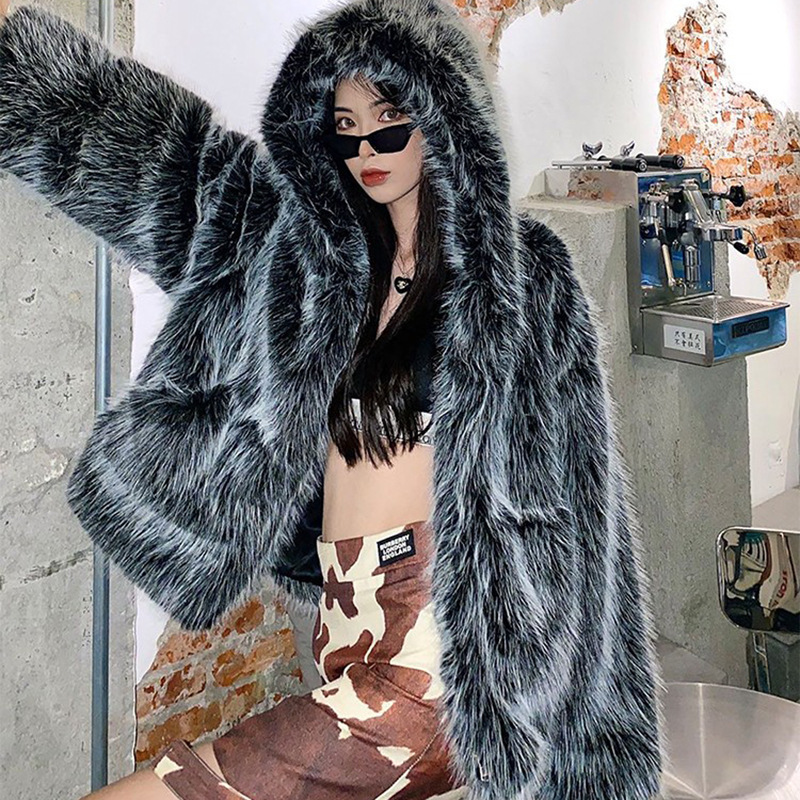 New Women's Imitation Fox Fur Hooded Coat Women's Internet Celebrity Winter Loose Fur Warm Lamb Fur Coat
