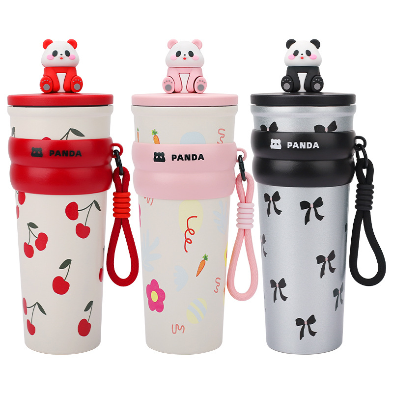 Vaso de agua creativo con pajita, vaso aislado, alto valor estético, gran capacidad, vaso de viaje con diseño de panda, acero inoxidable 304, diseño de dibujos animados portátil.