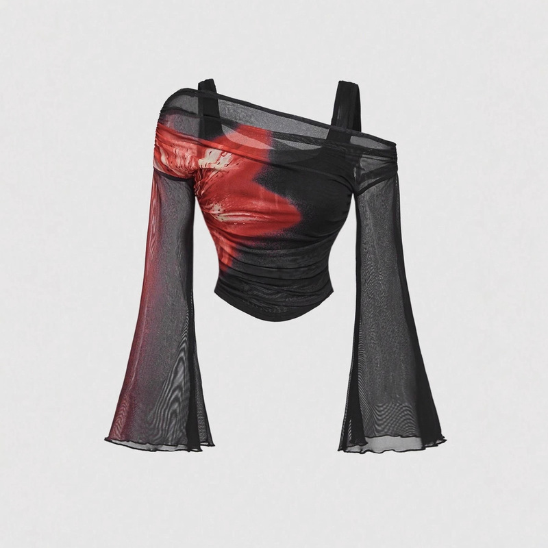 Amazon European and American Cross-Border Export Retro Printed Off-Shoulder Mesh Bell-Sleeved Tight-Fitting Waist Long-Sleeved T-Shirt for Women