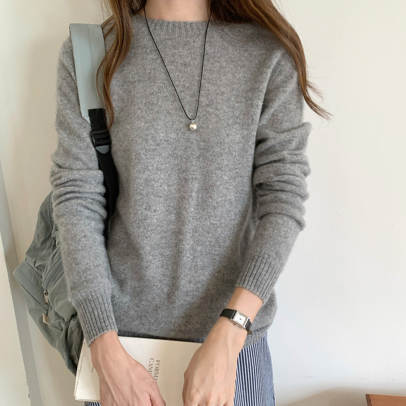 100% Wool First-Line Ready-To-Wear Saddle Shoulder Round Neck Women's Pure Wool Basic Bottoming Shirt Long-Sleeved Simple Lining