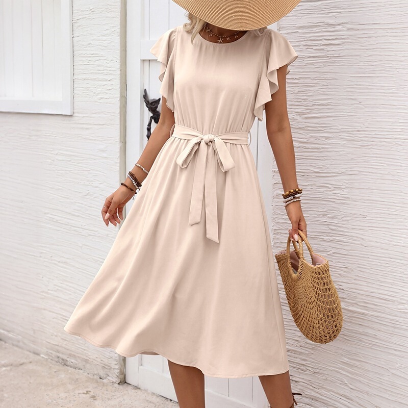 Tiktok Cross-Border Russian Women's Shirt Dress Summer Casual Ruffle Sleeves Tie Waist Mid-Length Dress Tiktok Cross-Border Russian Women's Shirt Dress Summer Casual Ruffle Sleeves Tie Waist Mid-Length Dress