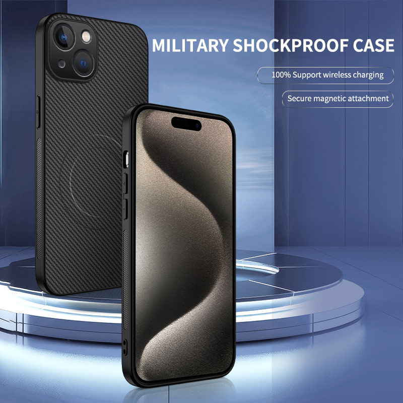 Aplicable a Apple iPhone16ProMax Carbon Fiber Imán para teléfono móvil 15Pro Funda protectora anti-caída con patrón de cuero image 1